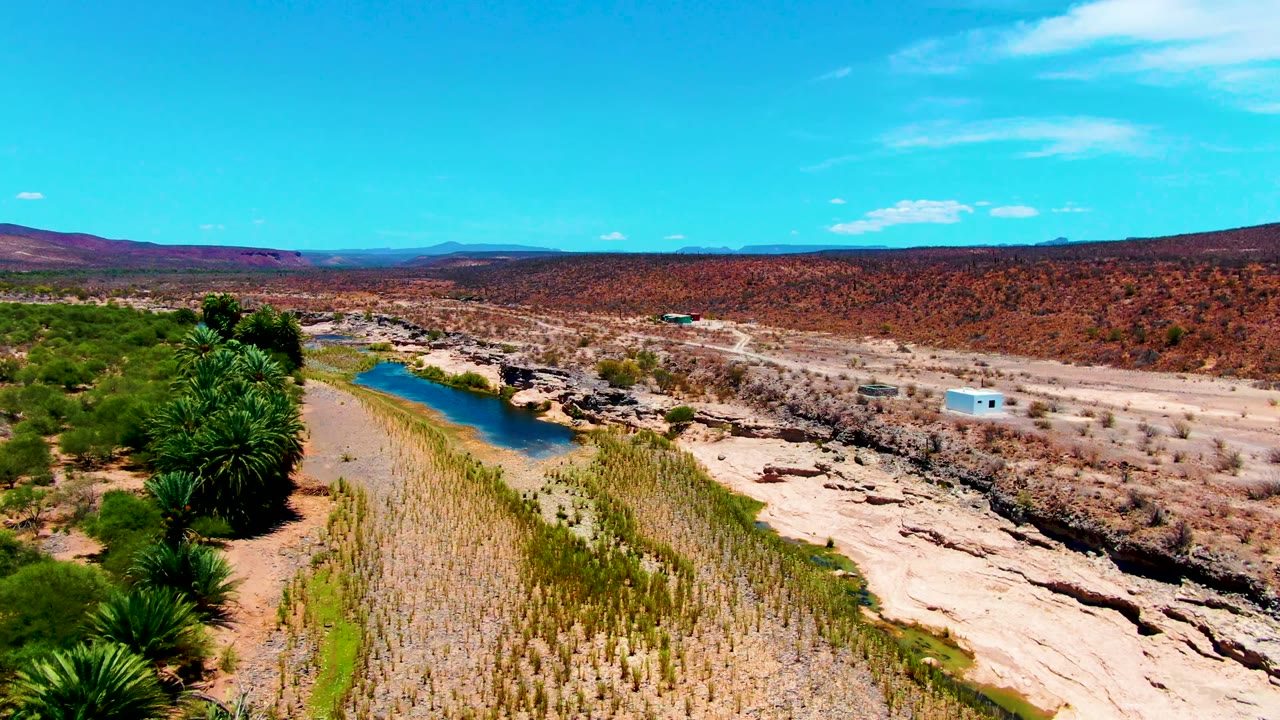Aerial view in San Juanico, Baja California Sur, showing a narrow blue river, palm clusters, dry tan terrain, distant reddish hills, a small white building, and no visible people.