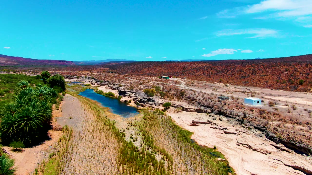 Aerial frame in San Juanico, Baja California Sur, showing the blue river beside a palm grove, pale rocky ground, sparse desert brush, the small white building to the right, and no visible people.