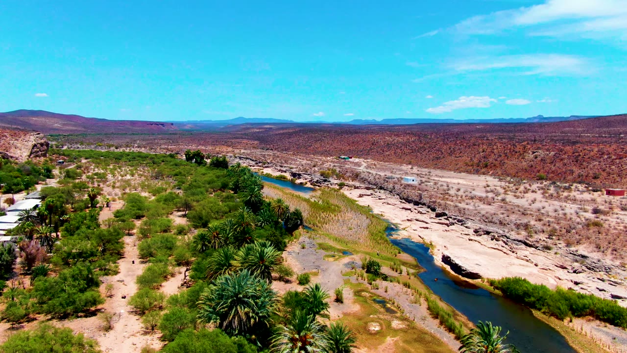 Aerial view in San Juanico, Baja California Sur, showing a narrow river curving past sandy banks, green palms, scrubland, distant hills, and no visible people.
