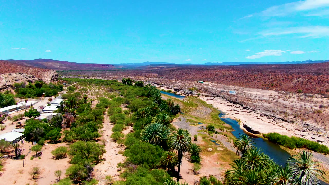 San Juanico aerial frame showing palm crowns near the river, scrubby green vegetation, dry reddish hills, a broad blue sky, small clouds, and no visible people.