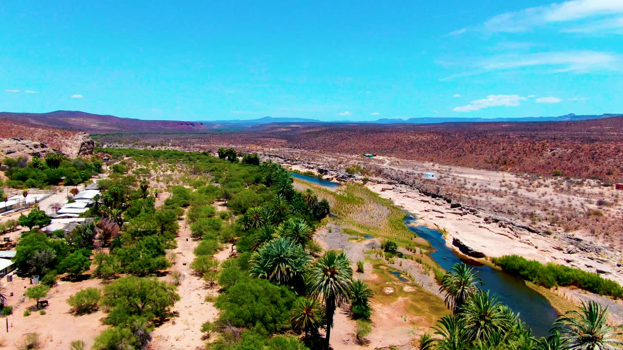 Wide aerial landscape with river, palms, sand, and distant mountains