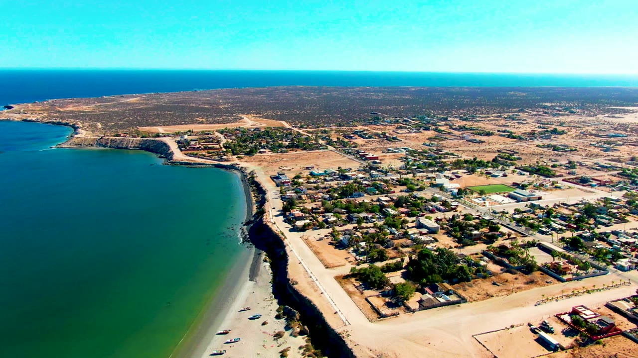 High aerial view of a curving beach beside roads and low coastal buildings.