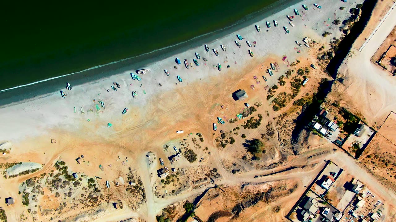 Aerial beach view with boats spread along the shore and buildings nearby.