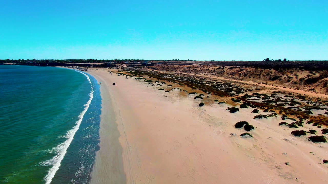 San Juanico coastline from above, with a broad empty beach, small wave bands along the left edge, darker vegetation patches near the dunes, and no visible people.