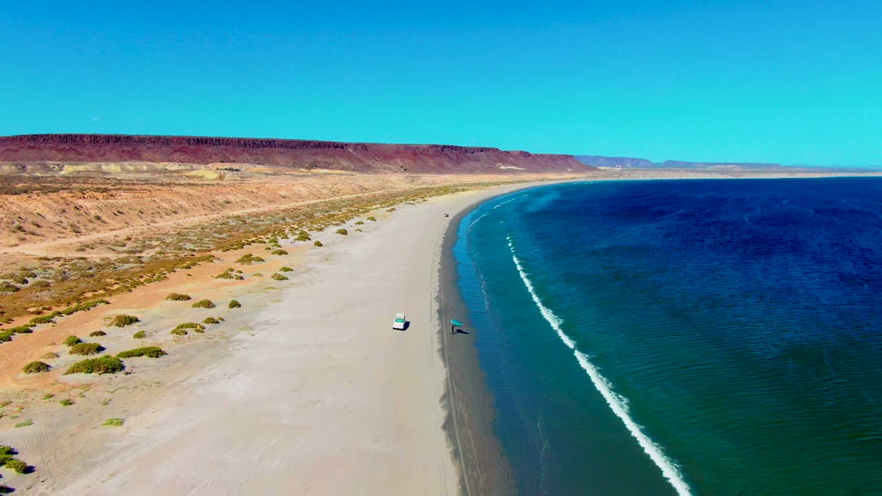 Aerial view in San Juanico, Baja California Sur, with a white vehicle and blue kite on a wide sandy beach, turquoise water to the right, desert bluffs to the left, and no visible people.