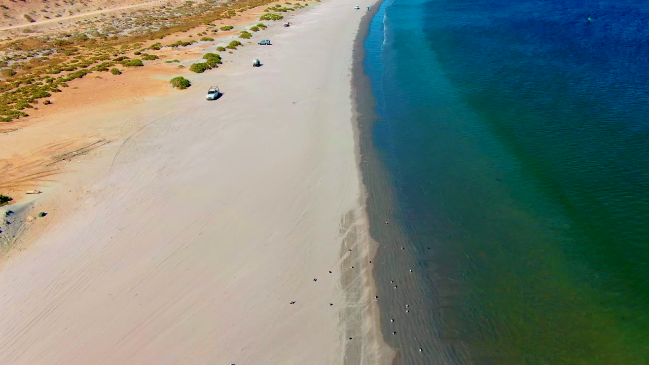High aerial angle of open sand, ocean edge, desert scrub, and vehicles parked along the beach.