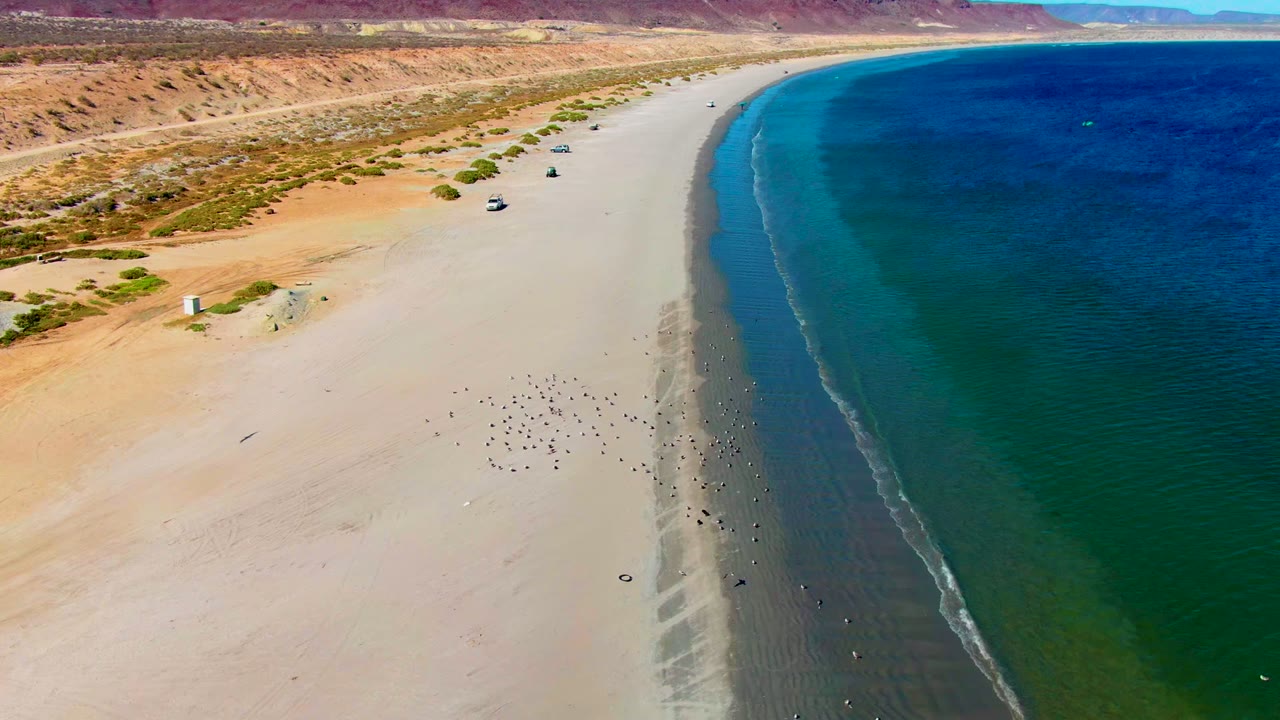 Aerial view along San Juanico beach with a longer stretch of sand visible, dark blue ocean filling the right side, small parked vehicles near the inland edge, reddish ridge across the background, and no visible people.