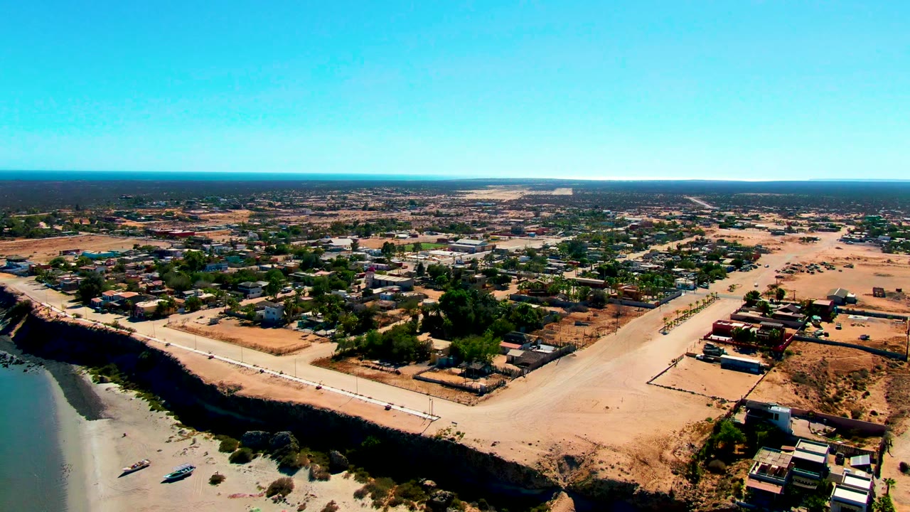 Wide drone view of shoreline beside a dry coastal settlement