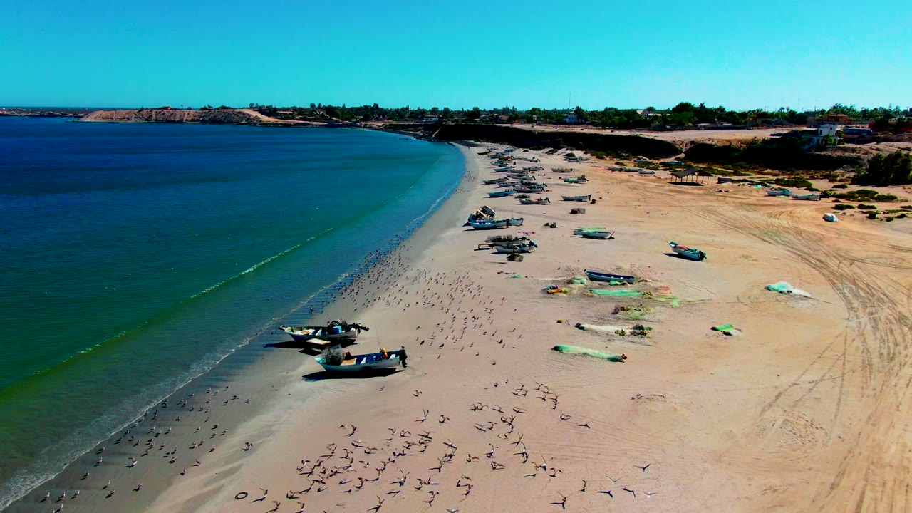 Fishing boats rest on a sandy shoreline beside calm ocean water.