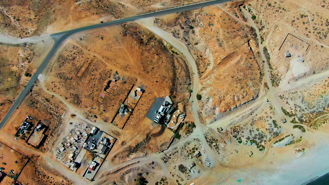 Aerial view of sandy roads and clustered construction buildings