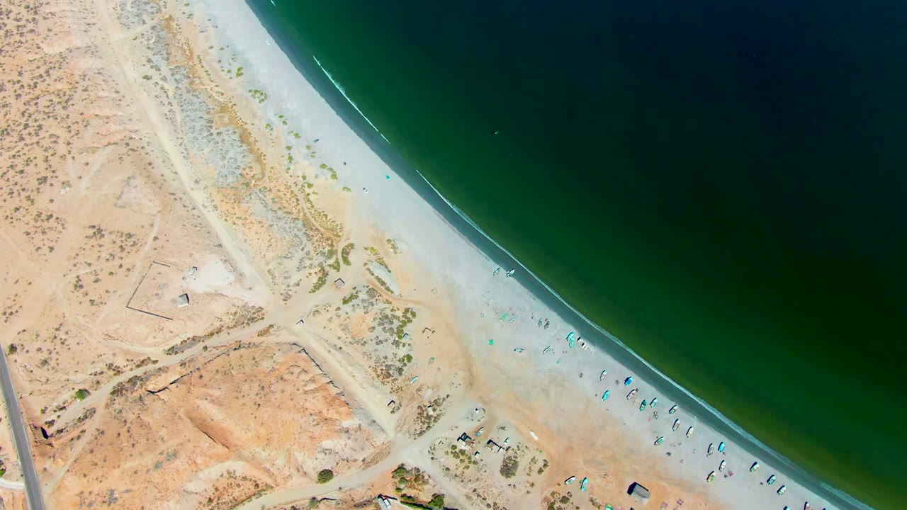 Overhead aerial frame of San Juanico, Baja California Sur, showing pale beach sand beside dark green ocean, desert scrub inland, a road at the left edge, and tiny beachgoers near umbrellas.