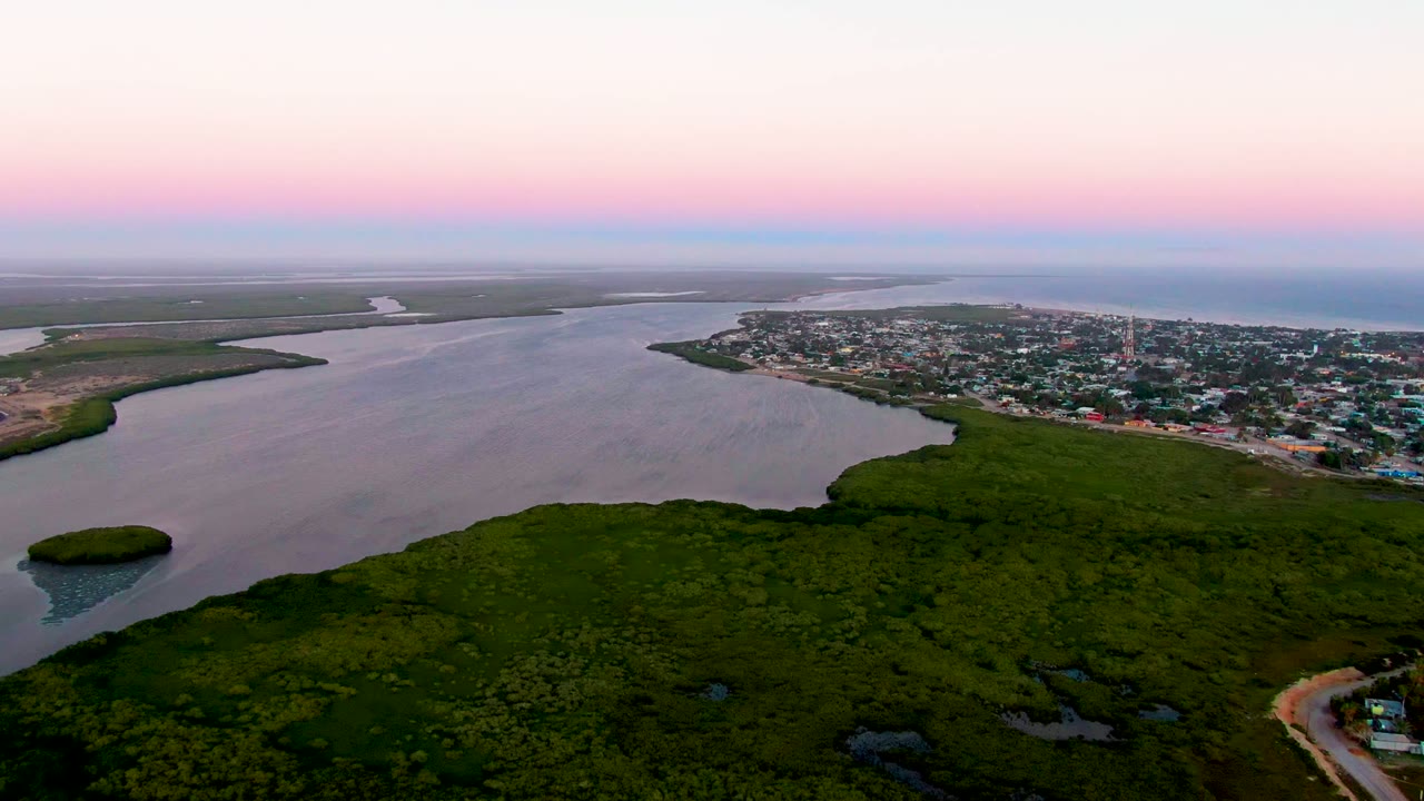 Aerial frame over San Carlos showing the inlet opening across the middle, a broad green wetland foreground, buildings along the right-side shore, and no visible people.