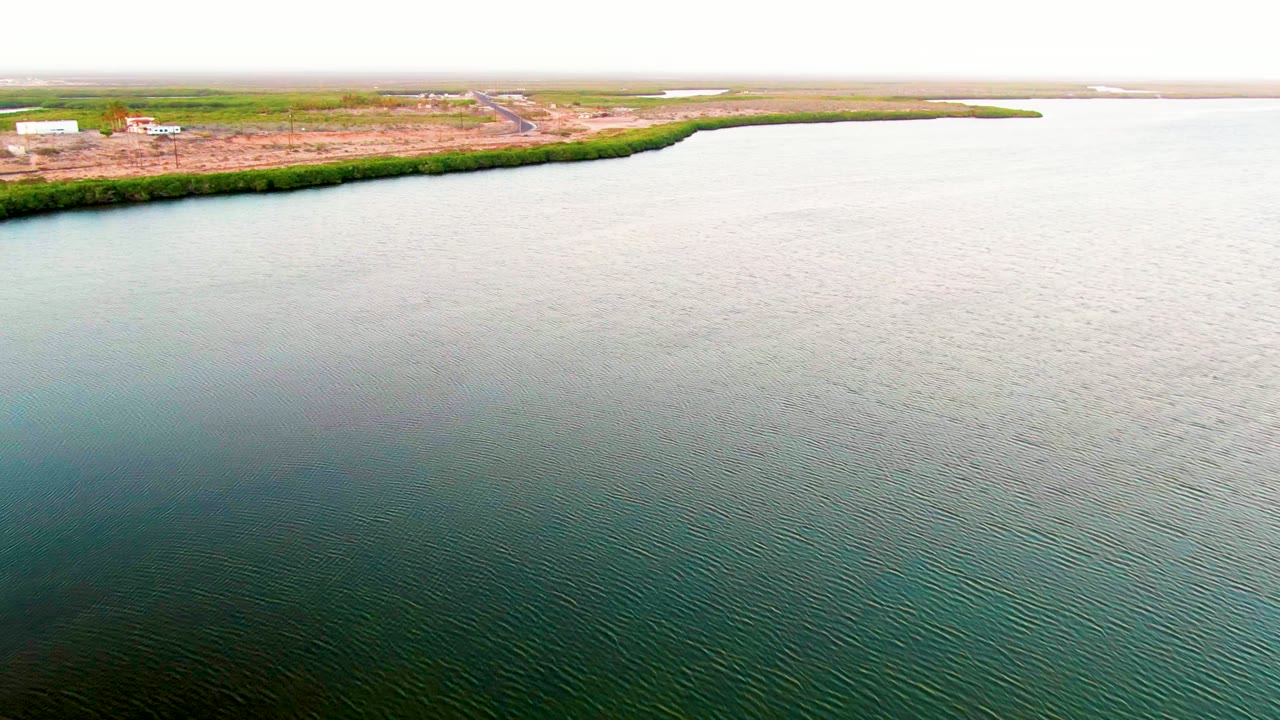 Rippling coastal water with a narrow vegetated shore and cleared construction land beyond.