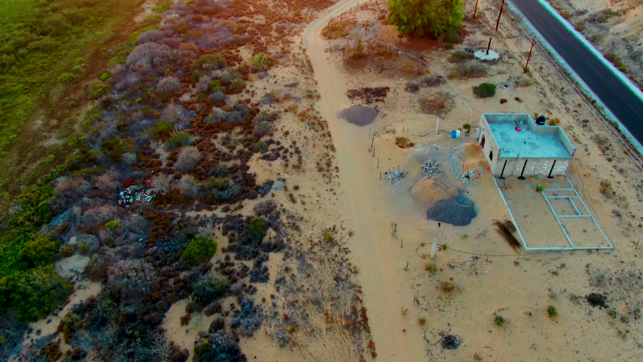 Aerial frame over San Carlos, Baja California Sur showing sandy ground, scrub vegetation, a paved road at right, a small flat-roofed building, and no visible people.