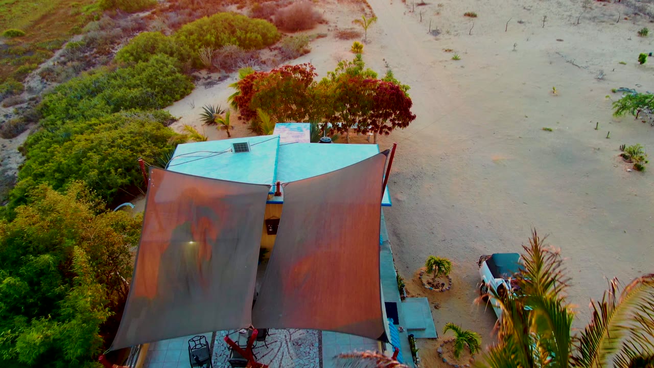 Drone frame in San Carlos, Baja California Sur looking down on the canopy roof, sandy open ground, surrounding shrubs, palm leaves, and the edge of a white vehicle, with no visible people.