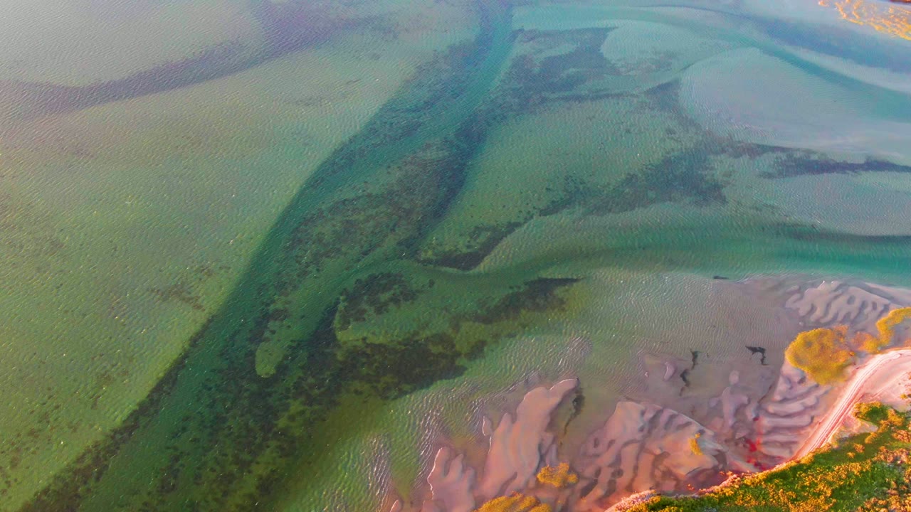 Shallow coastal water with a dark winding channel and rippled flats.