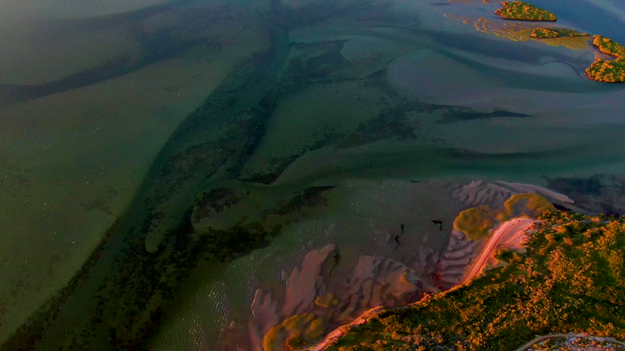 High aerial view of shallow channels around sandbars and islands.
