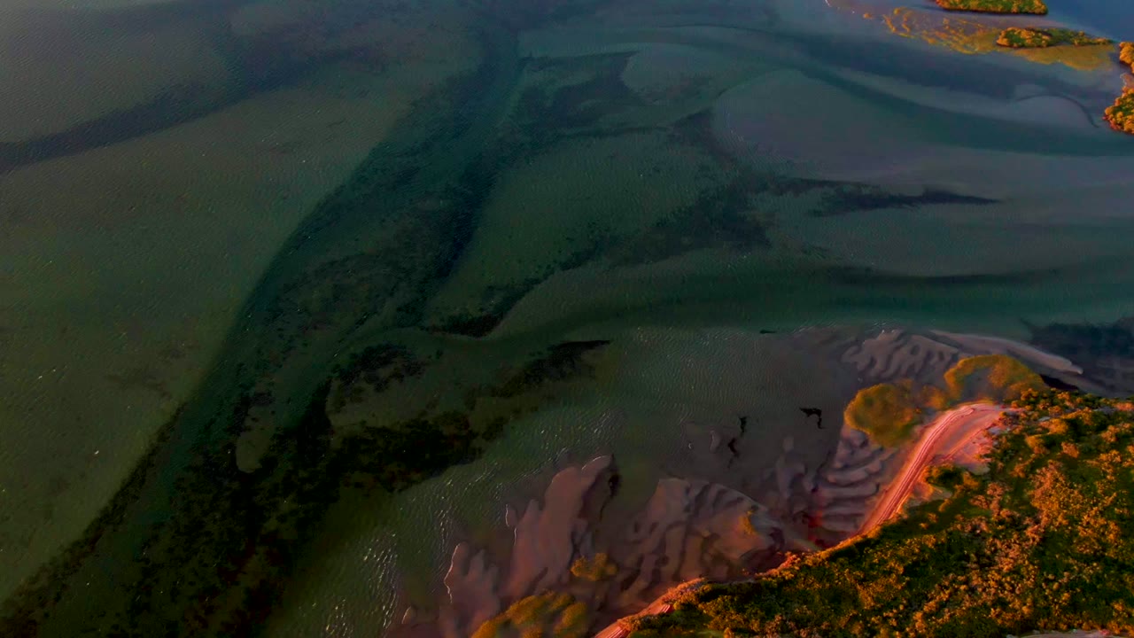 Aerial frame from San Carlos, Baja California Sur, showing muted green water around long dark sandbars, island shapes near the top right, orange light on the lower shoreline, and no visible people.