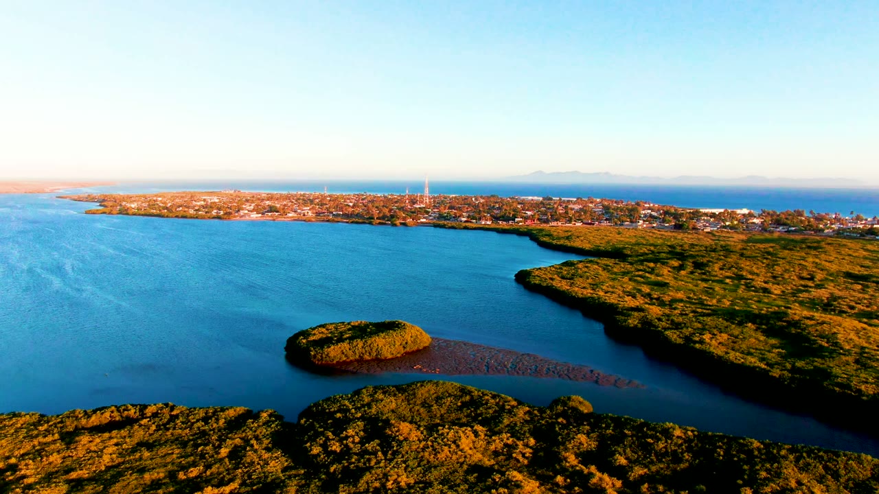Aerial view over San Carlos, Baja California Sur with blue bay water, a small vegetated island near the lower center, shoreline vegetation in the foreground, a distant town on the coast, and no visible people.