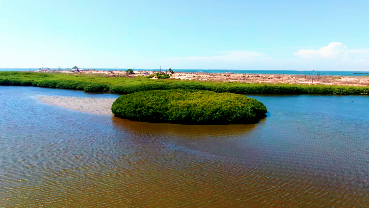 At 0:02, the island remains centered against blue-brown shallow water, with the sandy San Carlos shoreline, scattered vegetation, open horizon, and no visible people.