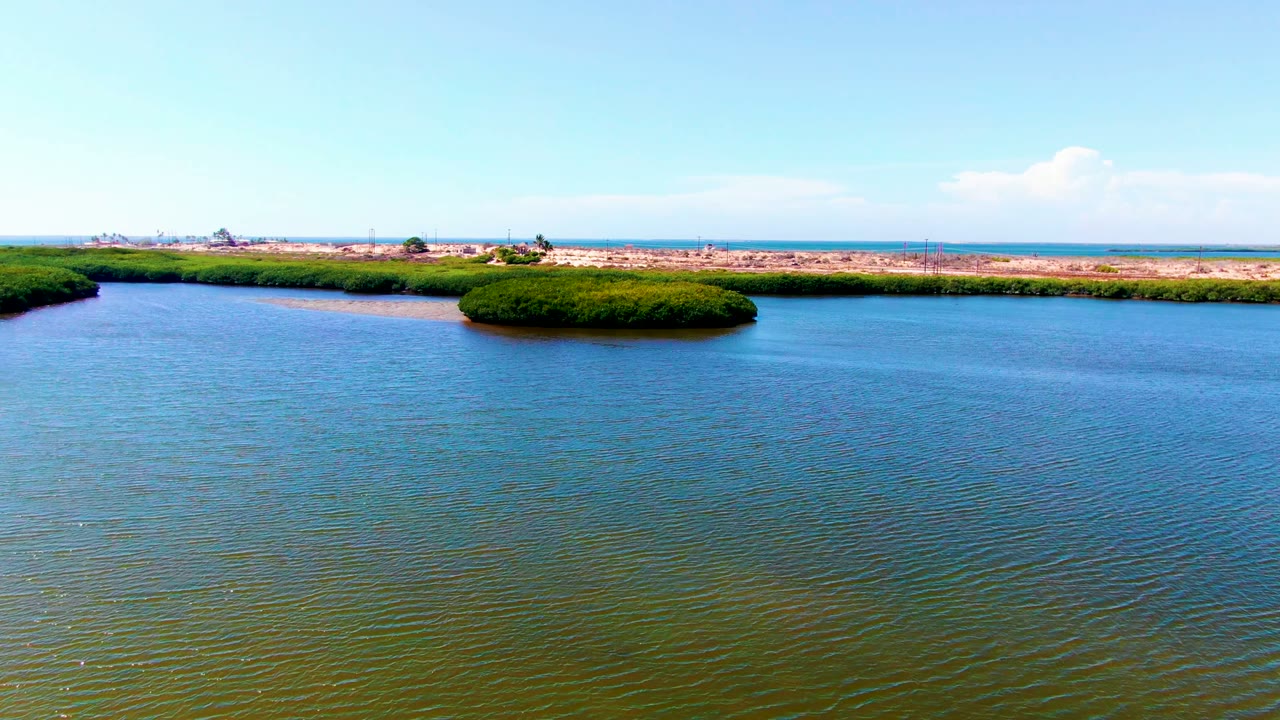 A centered San Carlos, Baja California Sur island view shows textured ripples across the foreground water, low green vegetation, dry shoreline, and no visible people.