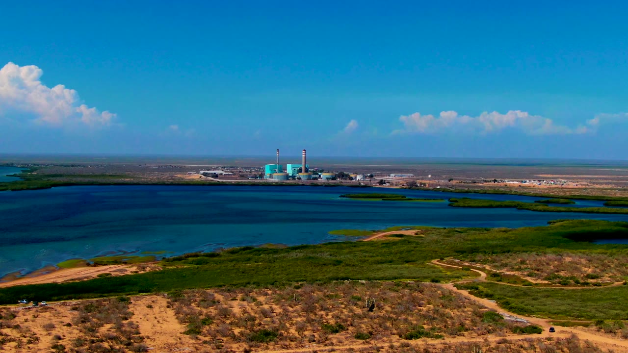 Industrial plant and smokestacks beyond blue water and green shoreline vegetation.