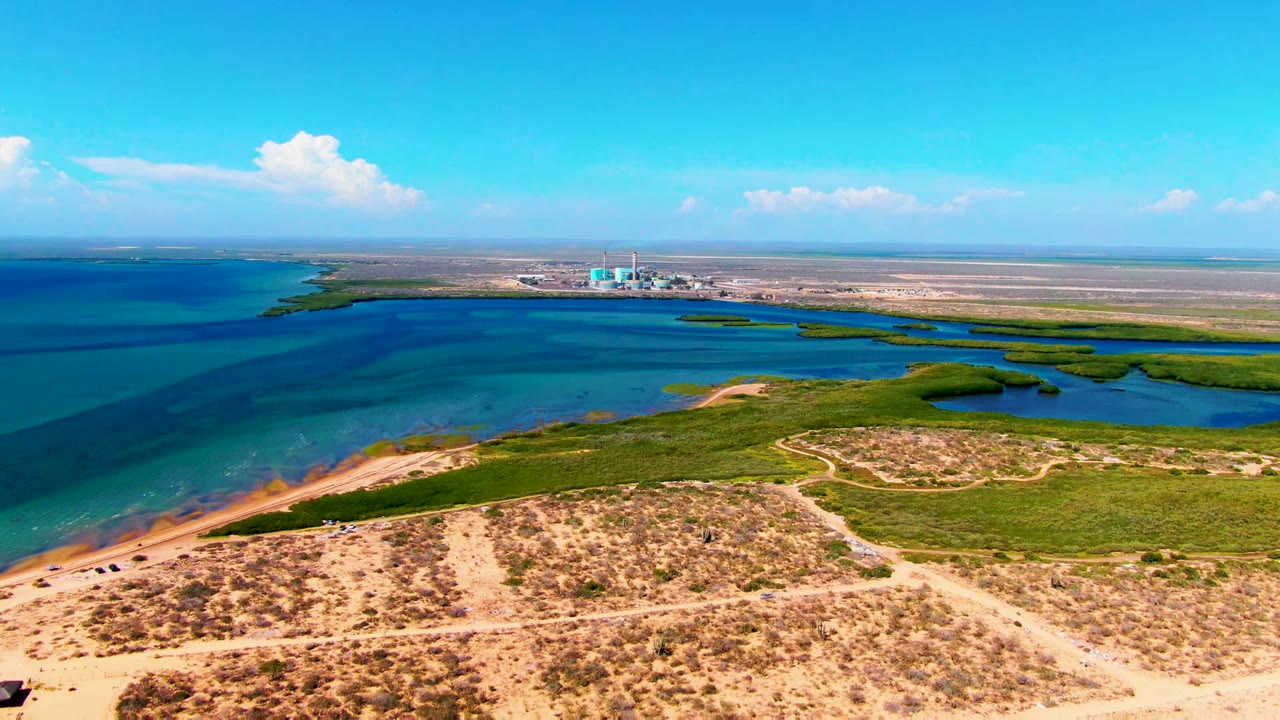 A wide aerial frame over San Carlos, Baja California Sur shows sandy dunes in front, green wetland bands, turquoise coastal water, a distant horizon structure, and no visible people.