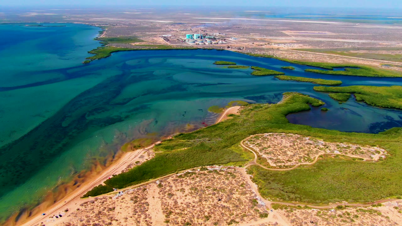At 0:01 the San Carlos aerial view holds on dark lagoon channels, tan dune paths, green marsh edges, distant pale structures, and no visible people.