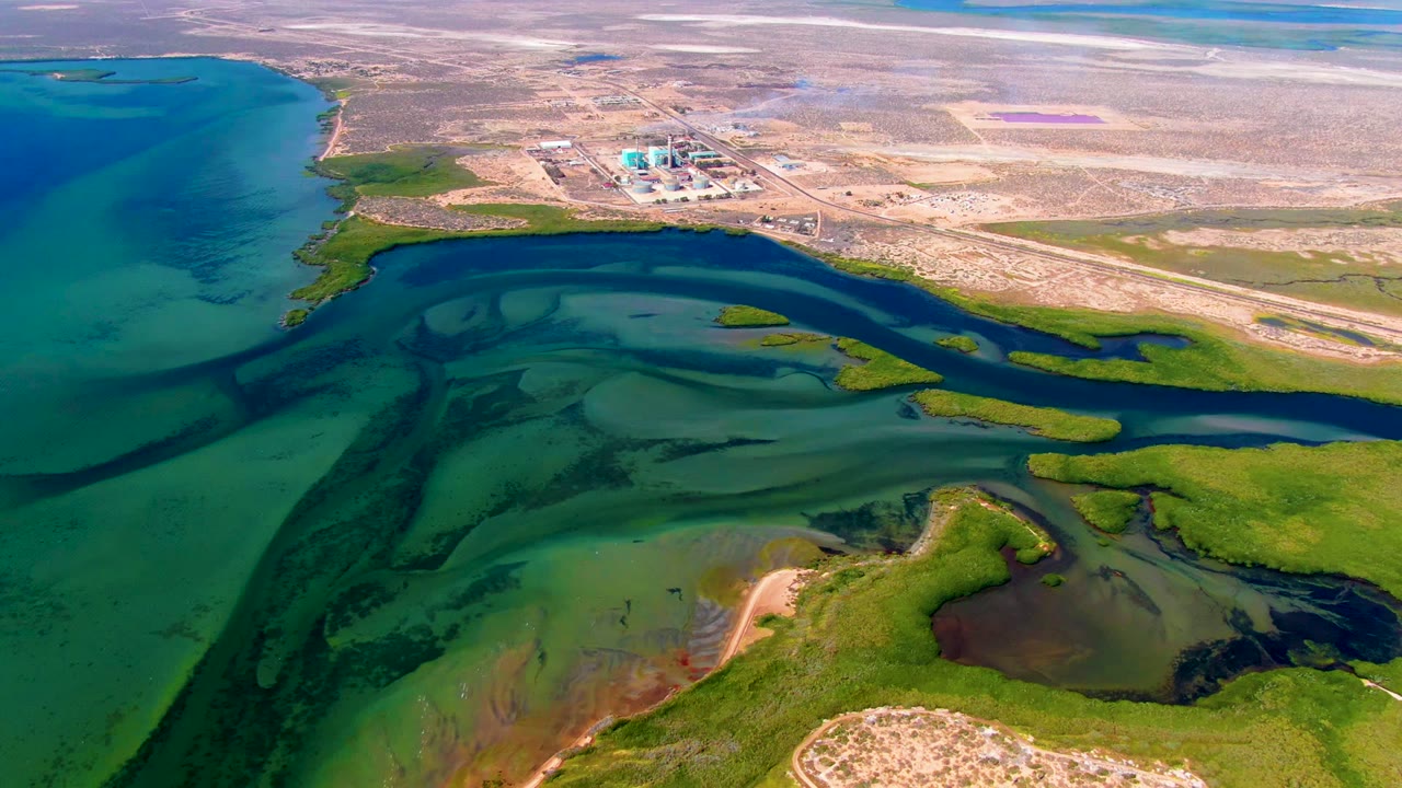 Drone view of tidal channels, marsh vegetation, and dry land with structures near the horizon.