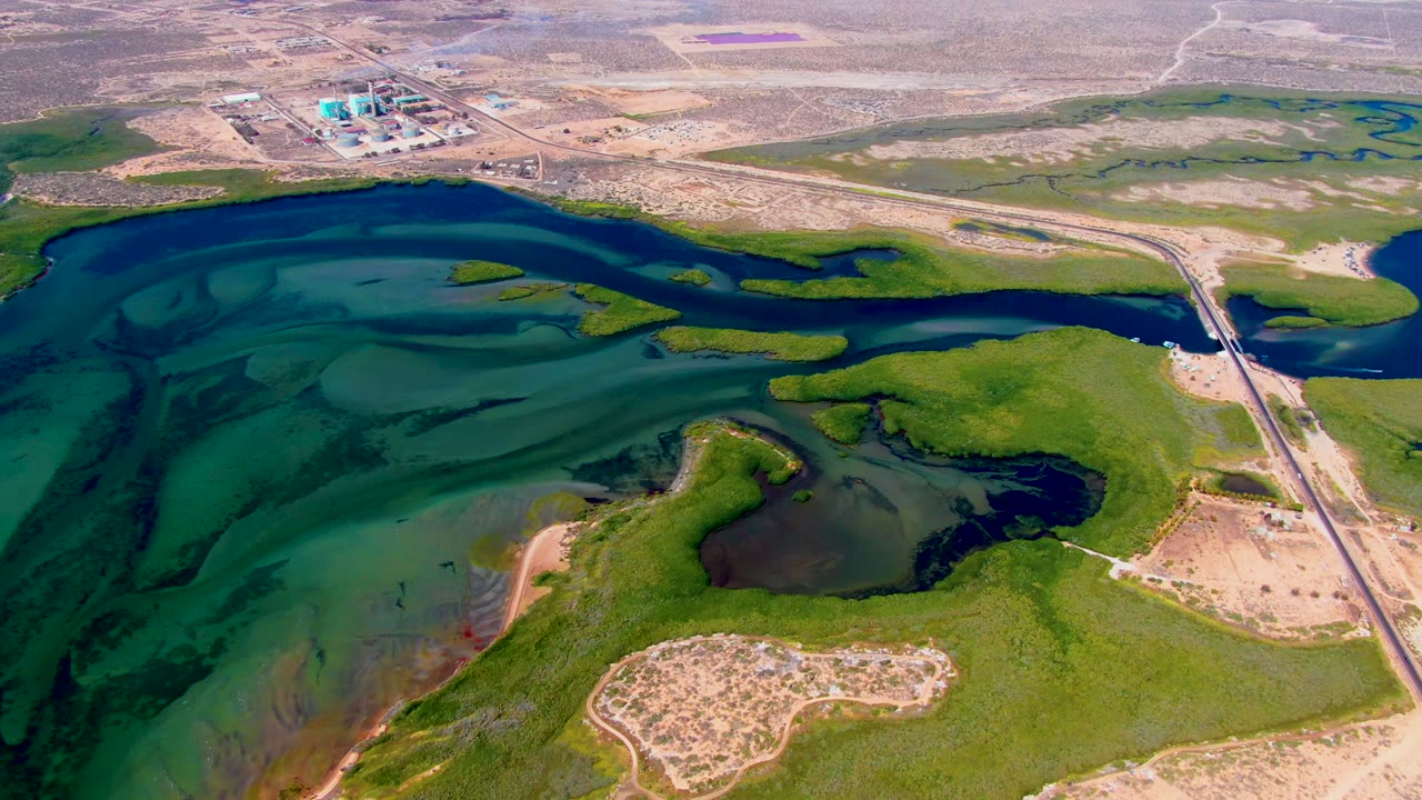 Aerial frame over San Carlos, Baja California Sur showing blue-green water channels, green vegetation, tan desert, a road and bridge, a small vehicle, and no visible people.