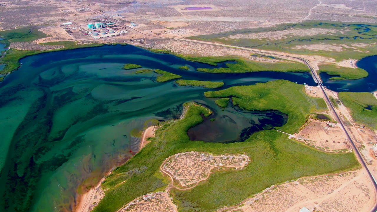 Aerial frame over San Carlos, Baja California Sur, showing green-blue reservoir water, marsh vegetation, sandy ground, a road at right, distant industrial structures, and no visible people.