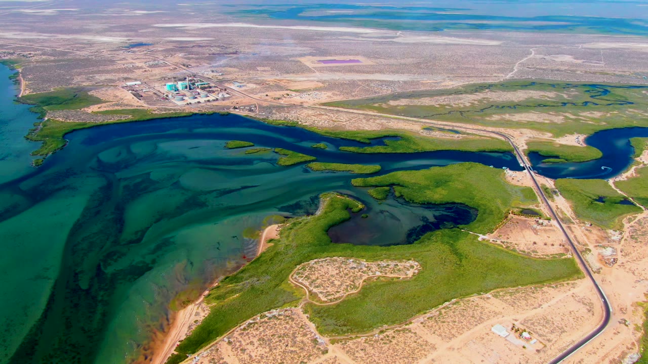 High aerial view over reservoir water and algae patches near San Carlos, Baja California Sur, with a road and bridge at right, dry terrain beyond, and no visible people.