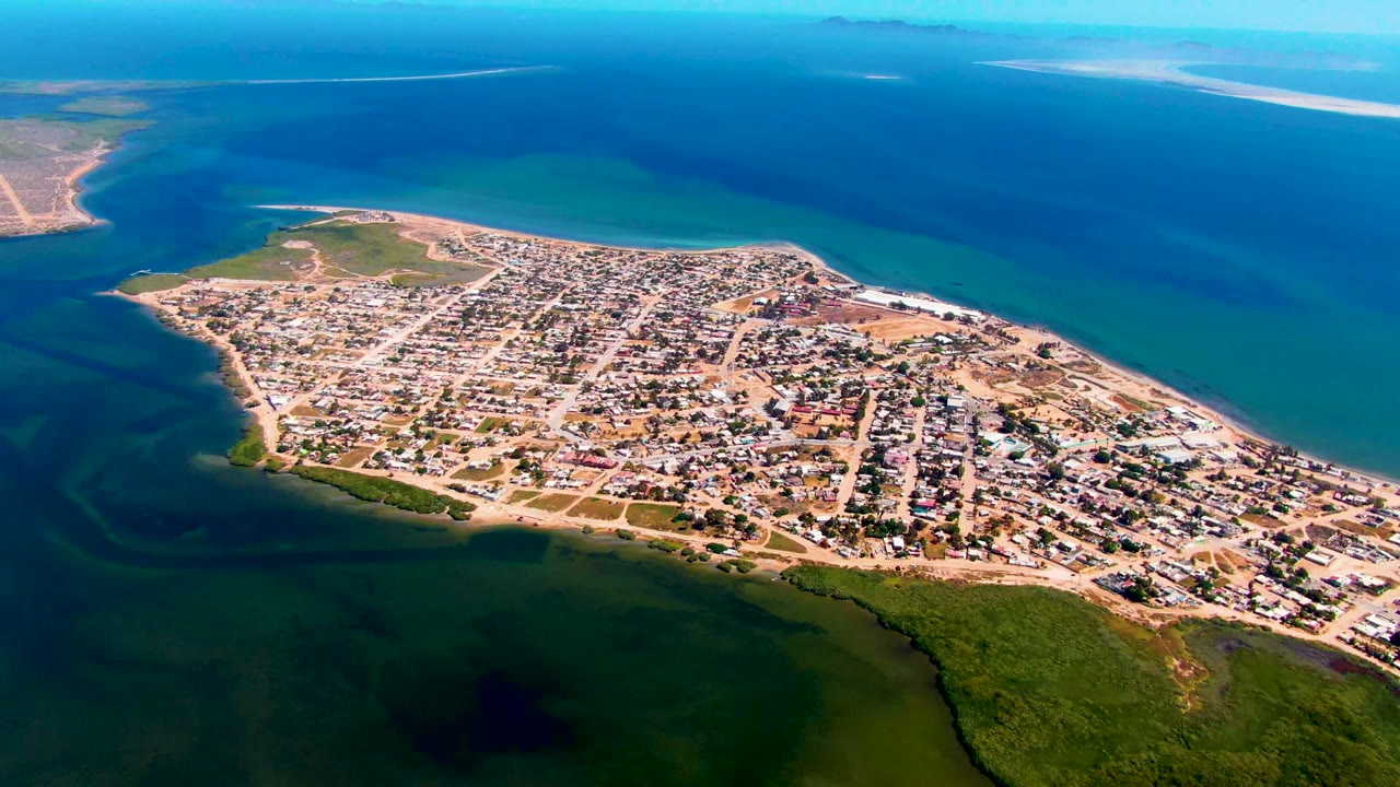Drone view of dense buildings and roads beside teal coastal water.