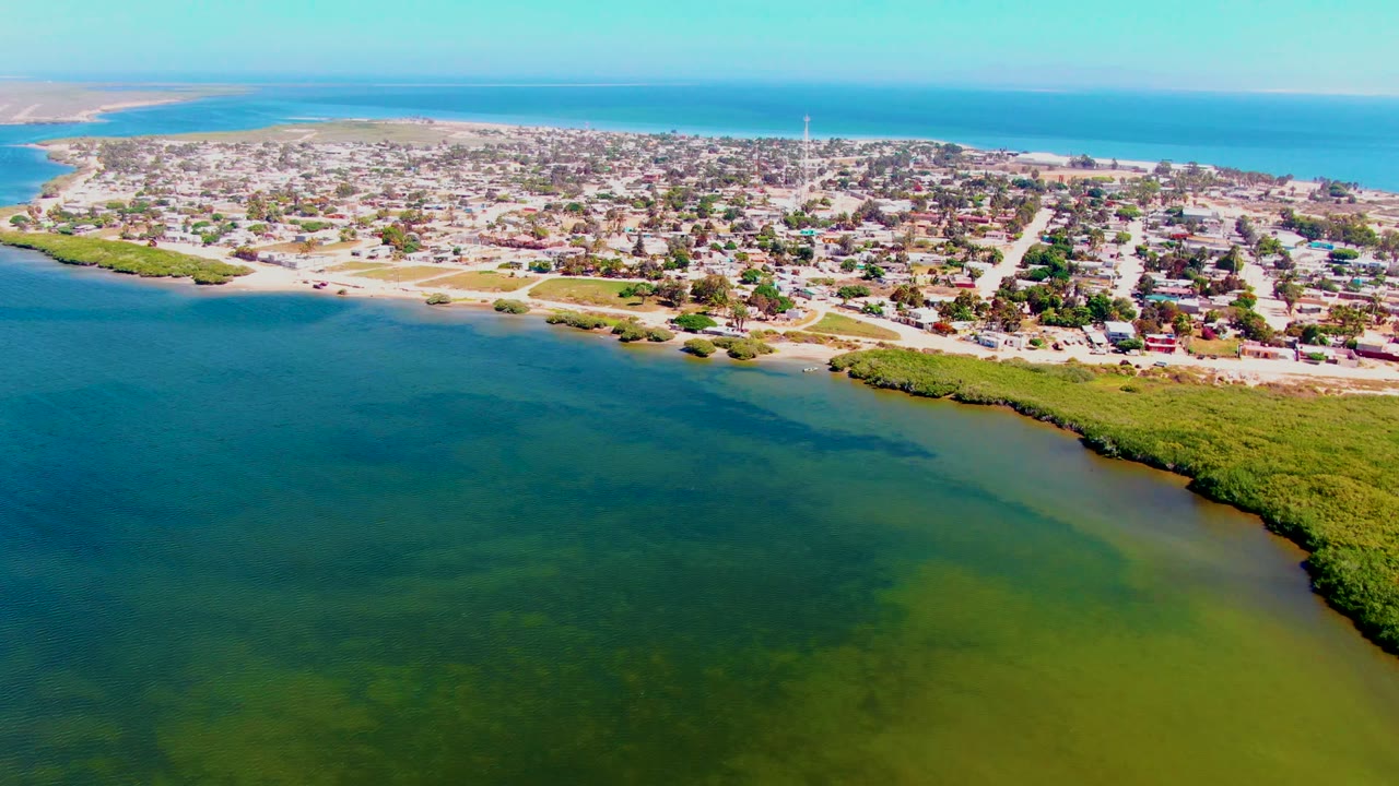 Aerial frame over San Carlos, Baja California Sur, with green-blue water in the foreground, a mangrove shoreline to the right, low town buildings beyond the shore, and no visible people.