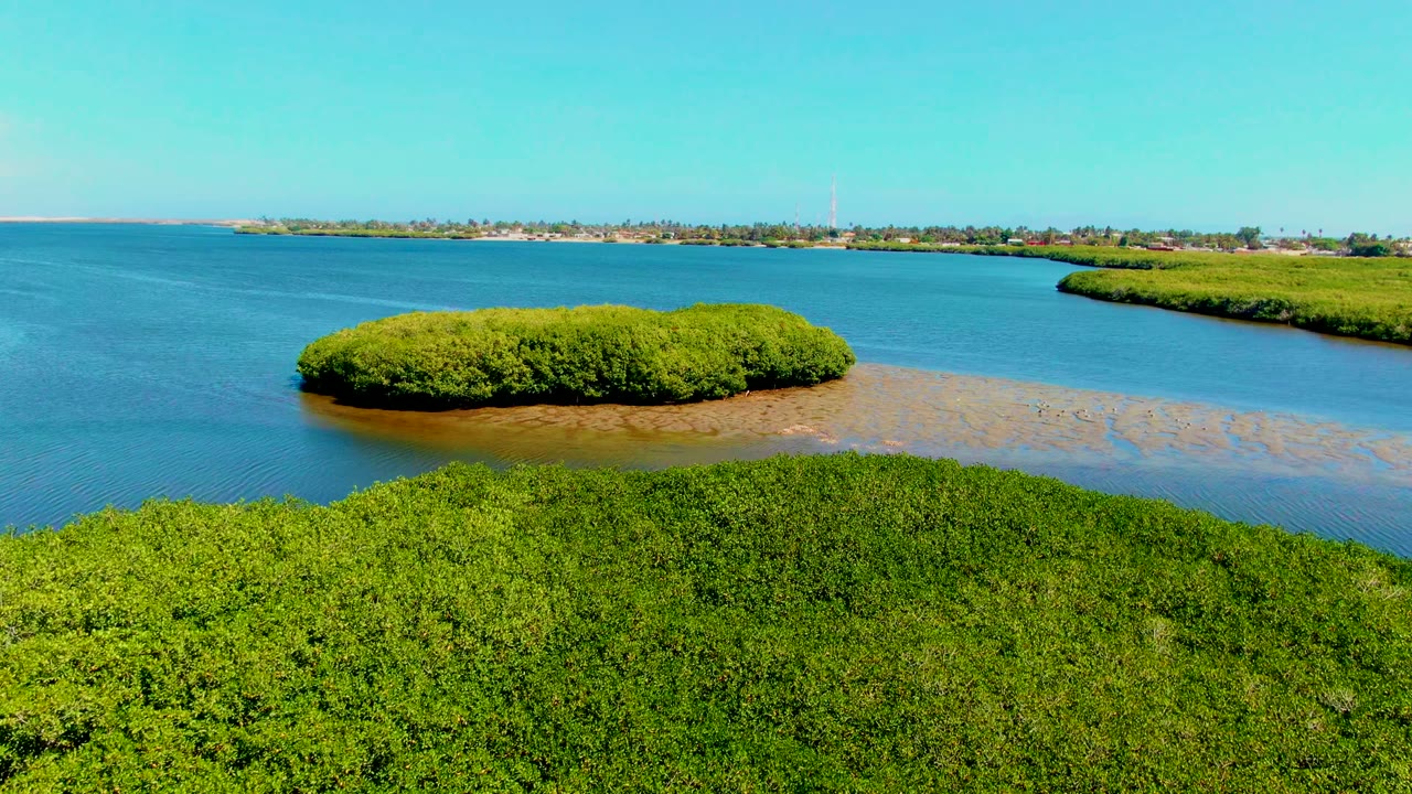 Third aerial frame in San Carlos, Baja California Sur, showing the mangrove island slightly right of center, broad blue estuary water, green marsh edges, far buildings, a tower, and no visible people.