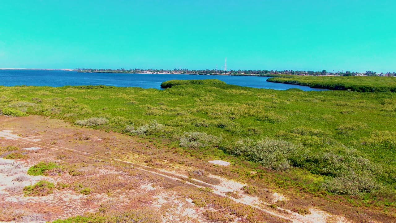 Opening frame of San Carlos, Baja California Sur coastal terrain with sandy foreground tracks, low green vegetation, blue water, distant shoreline buildings, and no visible people.