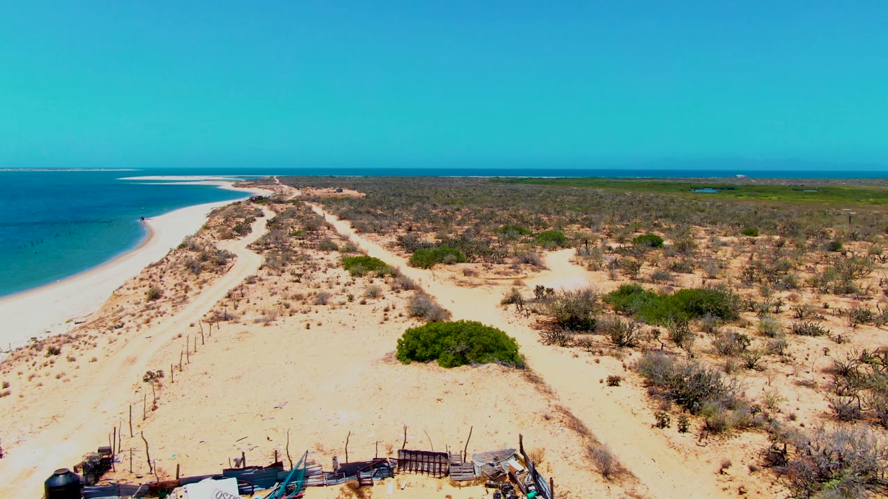 Aerial frame over San Carlos, Baja California Sur, with blue ocean on the left, pale dunes and a sandy path through the center, scrub vegetation inland, and no visible people.