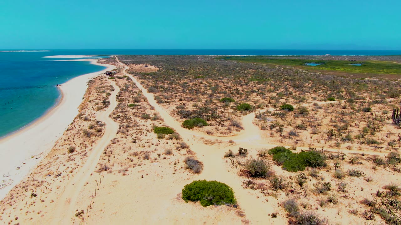 Opening aerial frame over San Carlos, Baja California Sur, with a sandy path between turquoise ocean and dry scrub vegetation under a clear sky, no visible people.