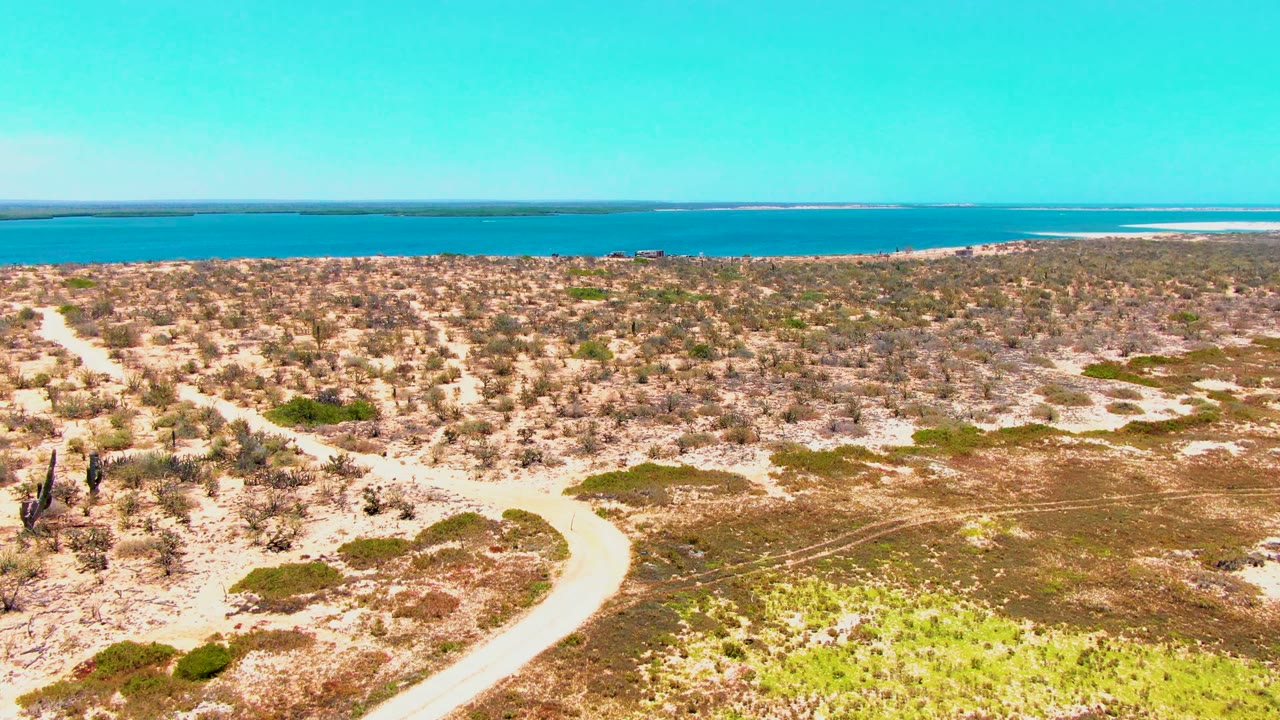 Dirt track crossing arid scrub with water on horizon