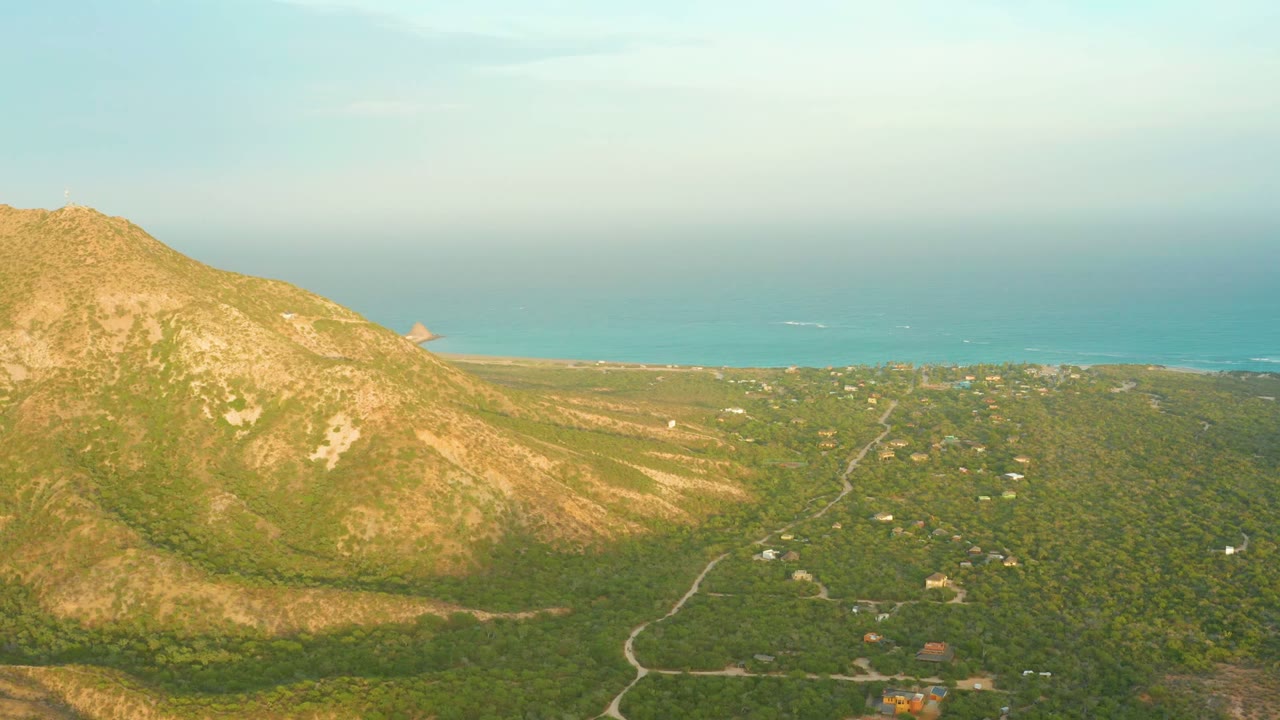 High aerial view of sunlit hillside, green vegetation, road, buildings, and coastal water.