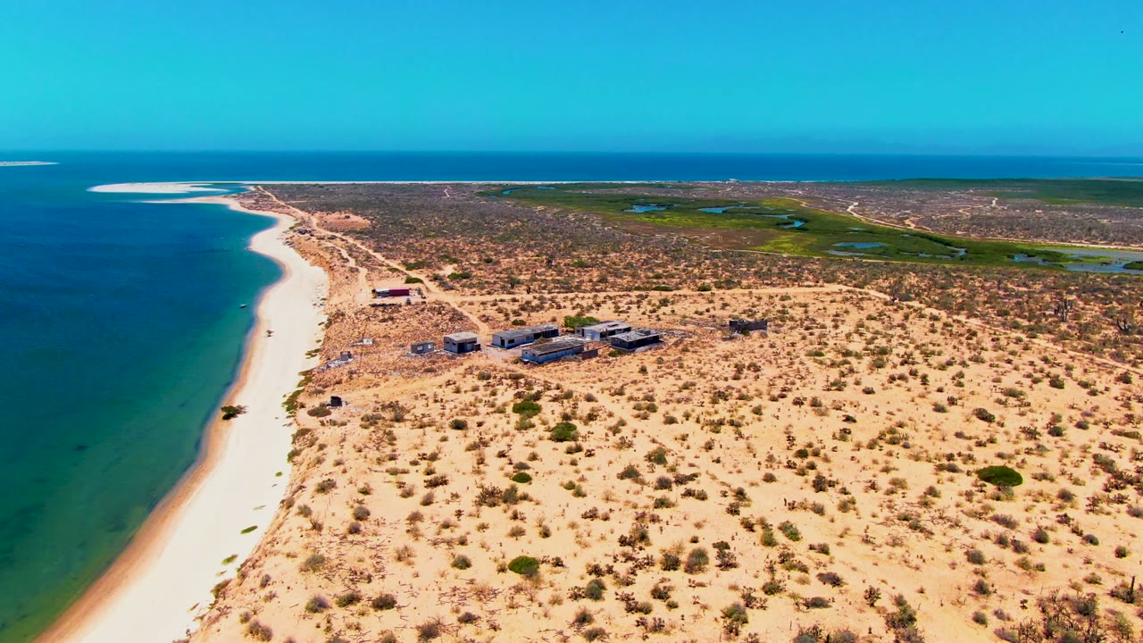 Wide drone view of curving beach with ocean on the left and arid land on the right.