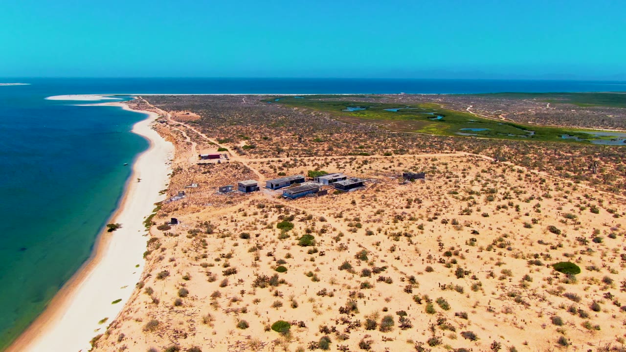 Aerial view of the San Carlos shoreline with turquoise-blue water, bright sand, scattered scrub, small coastal structures, and a distant person walking along the beach.