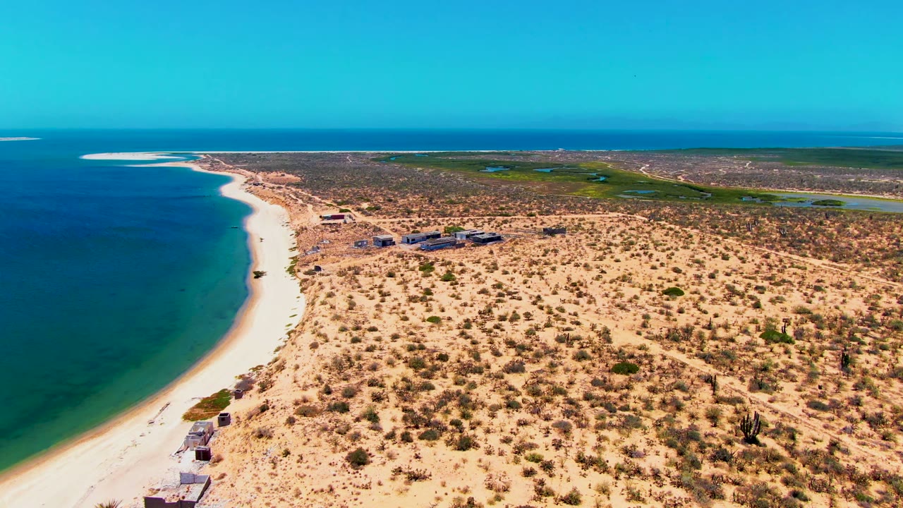 Aerial view in San Carlos, Baja California Sur, with blue ocean along a pale beach and scrubby dry land stretching inland under bright sky.