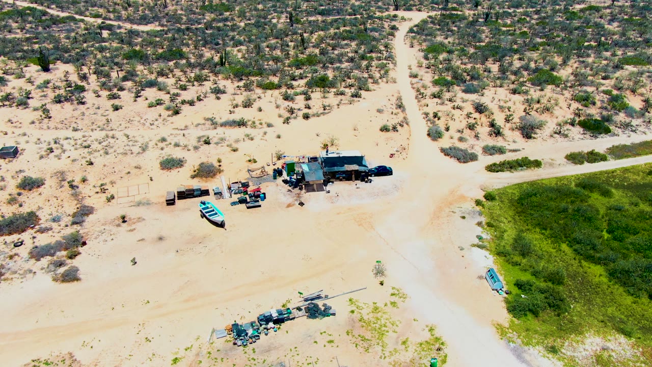 Mid-clip overhead view in San Carlos, Baja California Sur, with the blue boat near the lower left of the green vegetation, a small structure and equipment across the sand, desert scrub beyond, and no visible people.