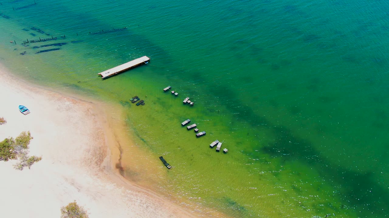 Overhead shoreline view with dock, anchored boats, and clear shallow water.