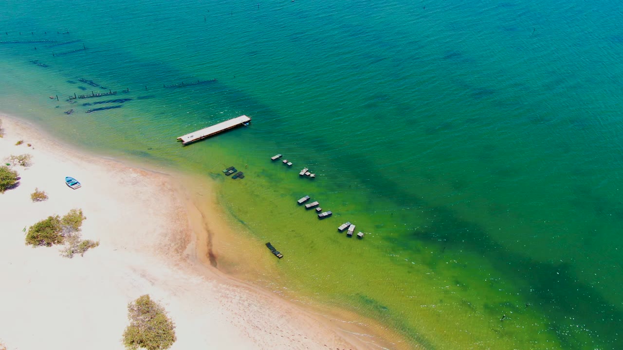 Curving sandbar beside clear water with a dock and clustered small boats.