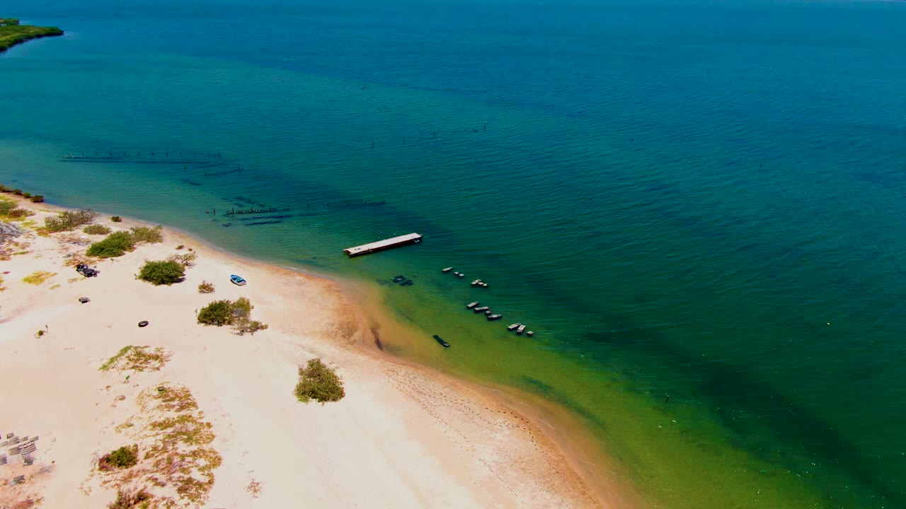 Aerial shoreline view with dock, boats, shrubs, and clear bay water.