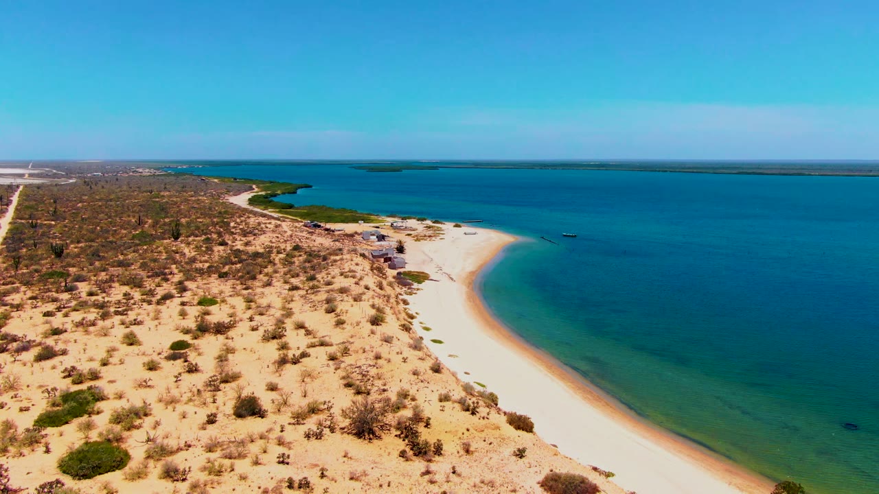 Aerial frame over San Carlos, Baja California Sur, showing pale sand, sparse desert shrubs, a curved beach, blue-green coastal water, distant horizon, and no visible people.