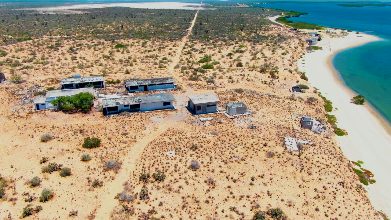 San Carlos, Baja California Sur aerial view with the beach and water on the right, scattered scrub across the sand, and rectangular buildings centered lower in frame, no visible people.