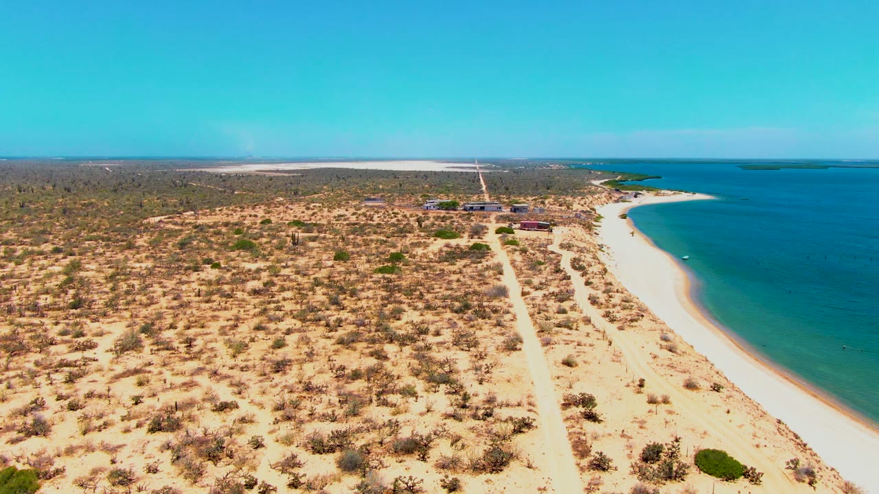 Aerial frame over San Carlos, Baja California Sur showing pale scrub-covered sand, a dirt track, blue ocean on the right, a small boat near the shoreline, and no visible people.
